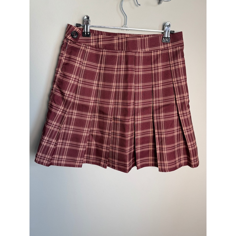 SHEIN Plaid Pleated Mini Skirt Small Burgundy Academic Preppy Schoolgirl Skater - Picture 3 of 11